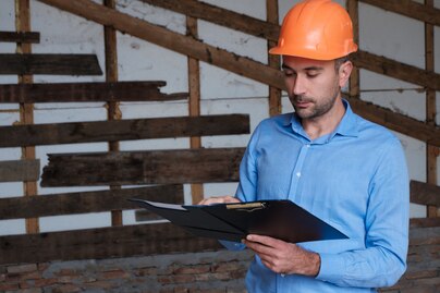 A building inspector reviewing construction standards on-site with plans and clipboard